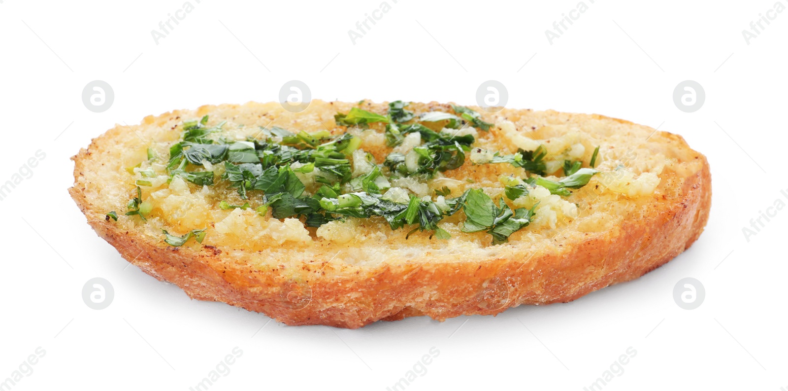 Photo of Slice of toasted bread with garlic and herb on white background