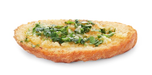 Photo of Slice of toasted bread with garlic and herb on white background