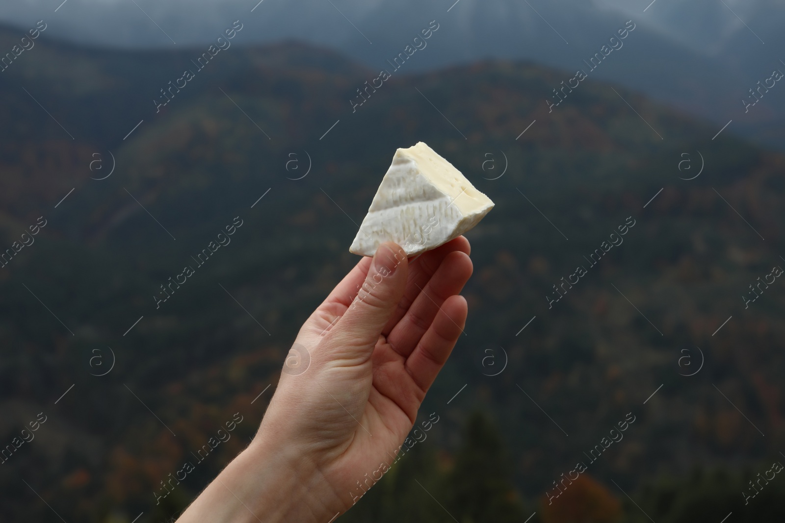 Photo of Woman holding piece of delicious cheese against mountain landscape, closeup