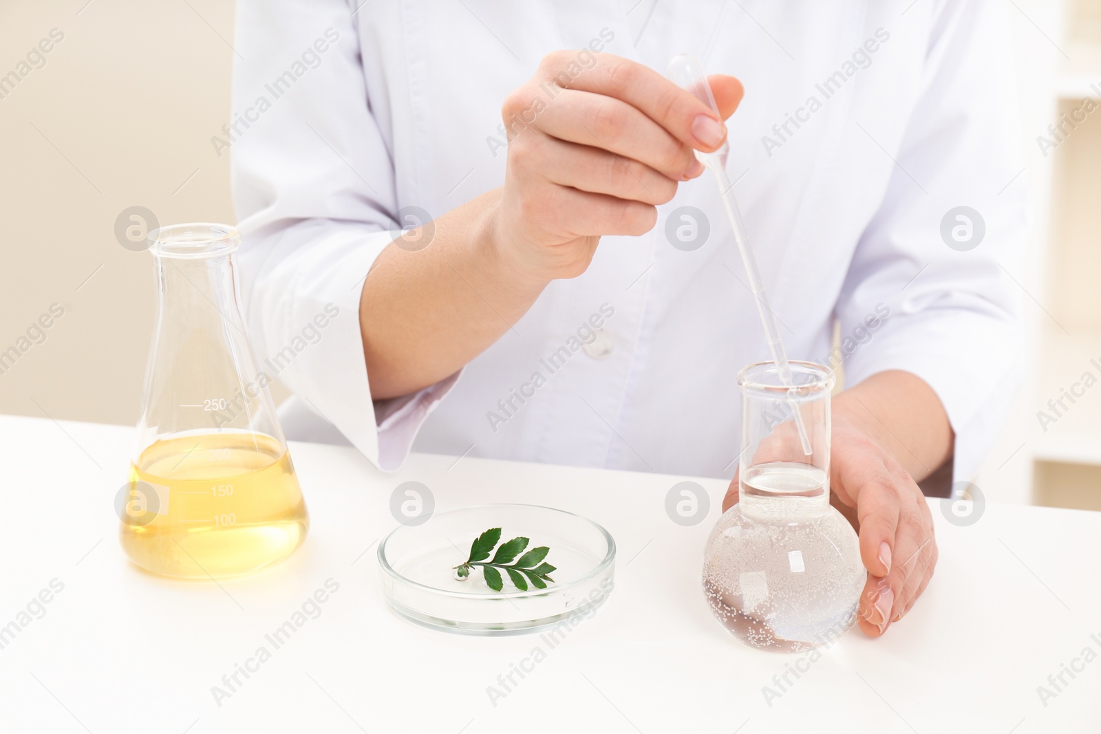 Photo of Female dermatologist creating skin care product at table, closeup