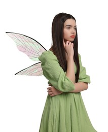 Photo of Beautiful girl in fairy costume with wings on white background