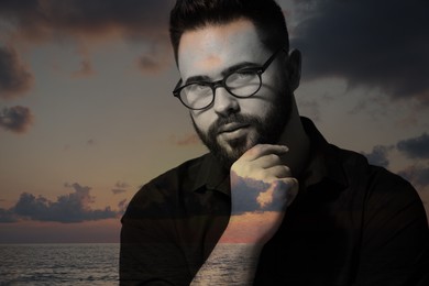 Image of Double exposure of handsome man and sea at sunset