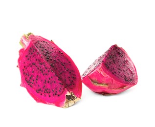 Photo of Delicious cut red pitahaya fruit on white background