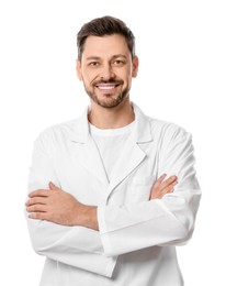 Photo of Doctor or medical assistant (male nurse) in uniform on white background