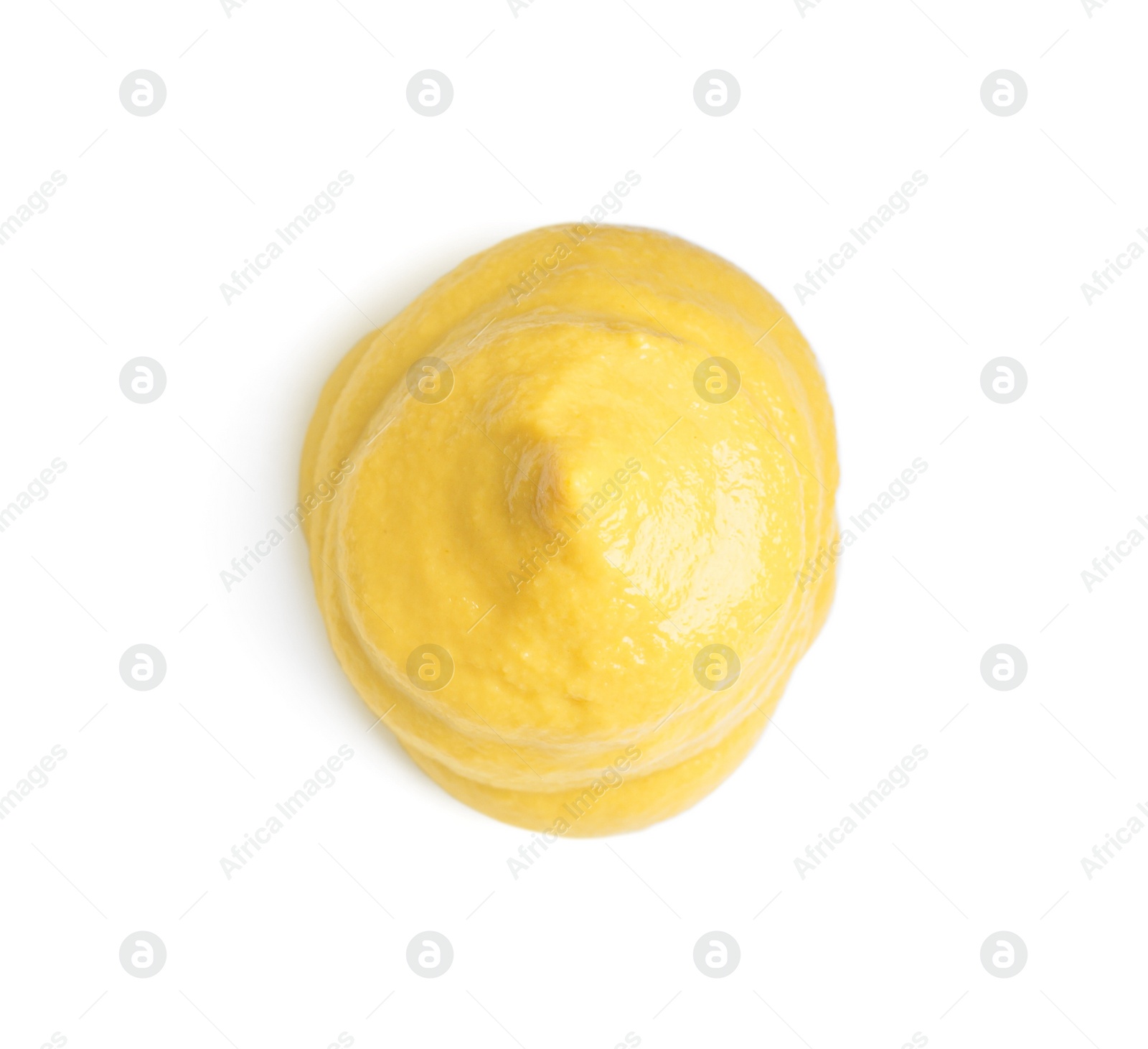 Photo of Tasty mustard isolated on white, top view. Spicy sauce