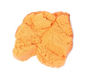 Photo of Pile of orange kinetic sand on white background, top view