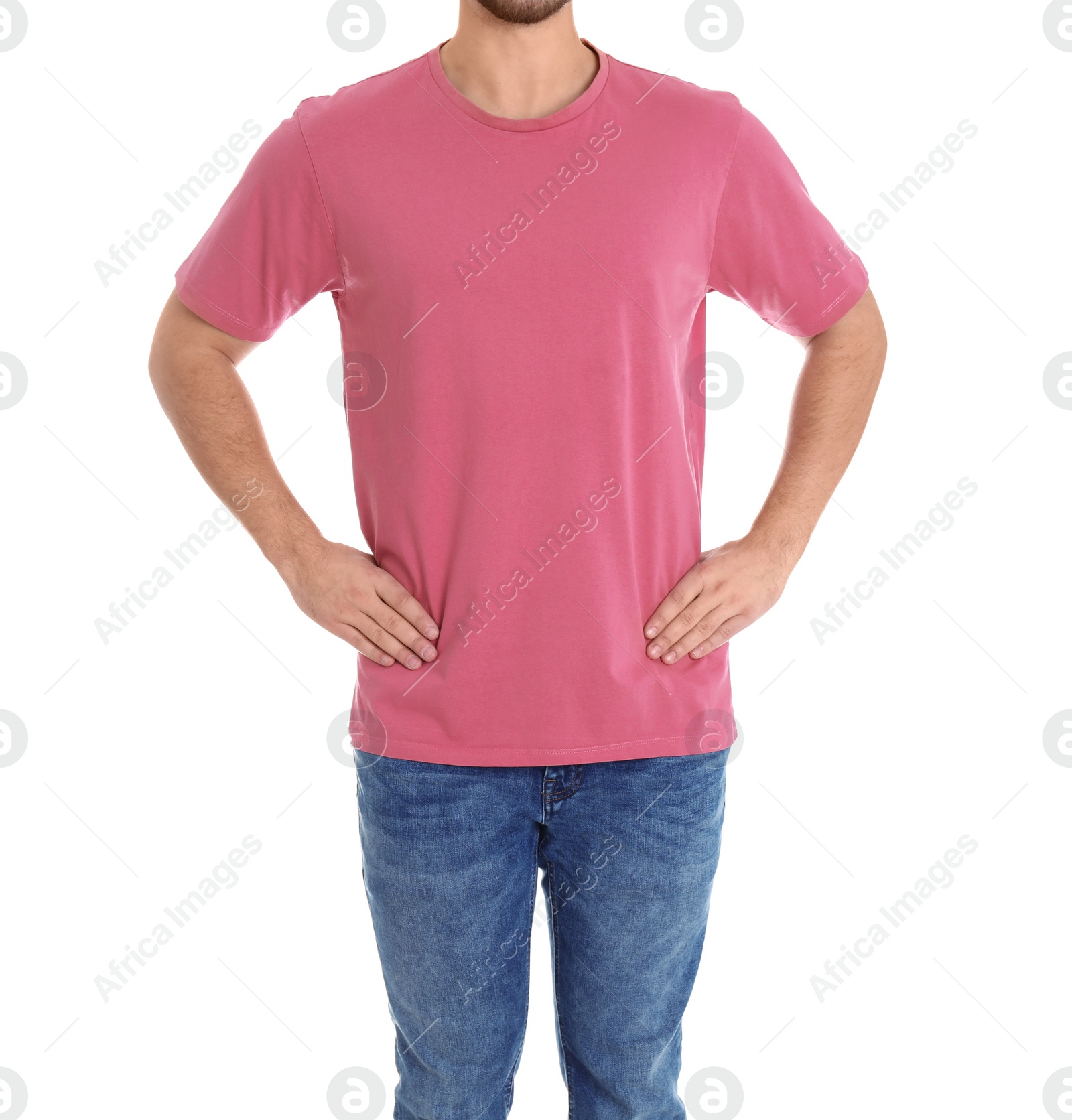 Photo of Young man on white background, closeup. Weight loss