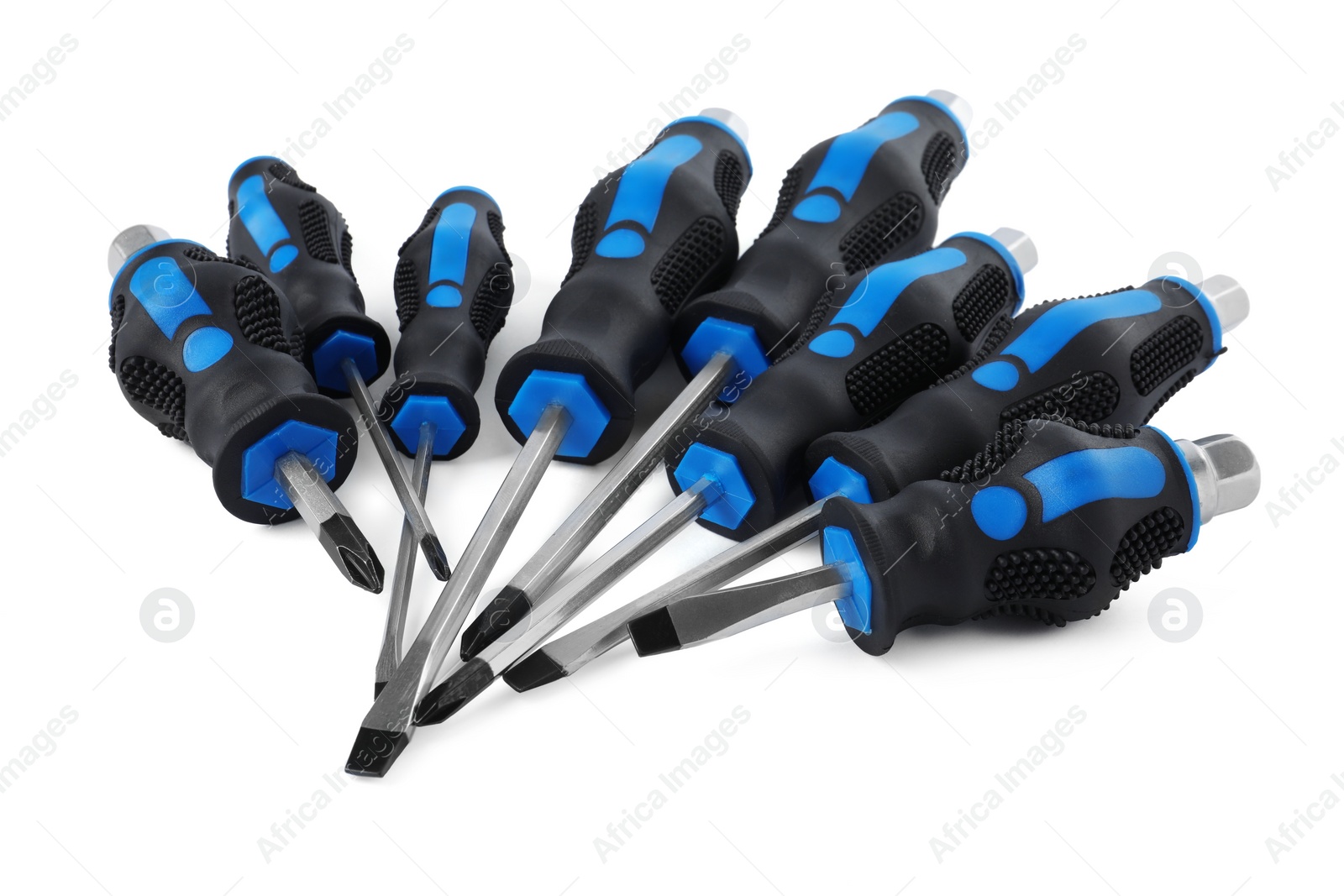 Photo of Set of screwdrivers with blue handles isolated on white