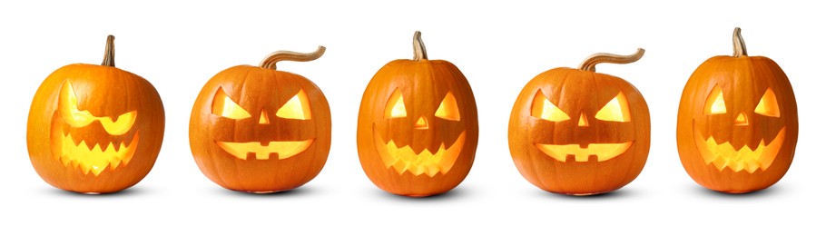 Many pumpkins with carved spooky faces isolated on white, collection. Jack-o-lantern for Halloween