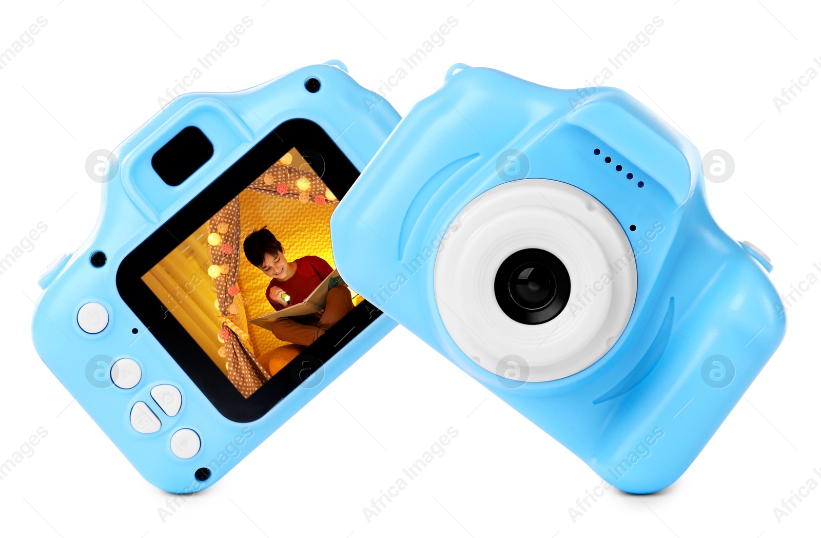 Image of Blue toy cameras on white background in collage, one with photo of boy reading book