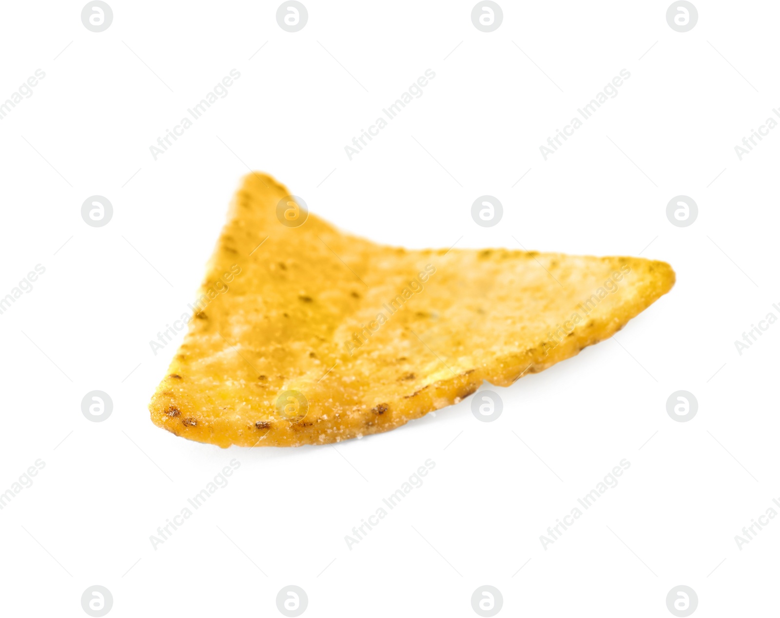 Photo of Tasty Mexican nacho chip on white background