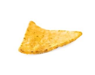 Photo of Tasty Mexican nacho chip on white background