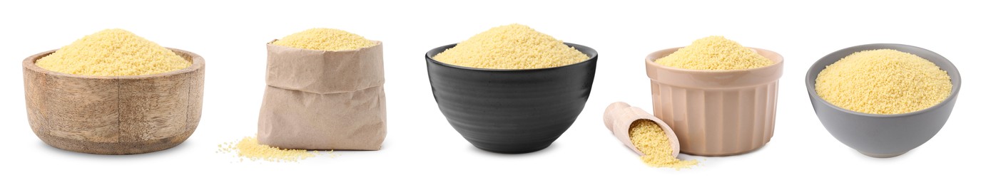 Image of Raw dry couscous isolated on white, set