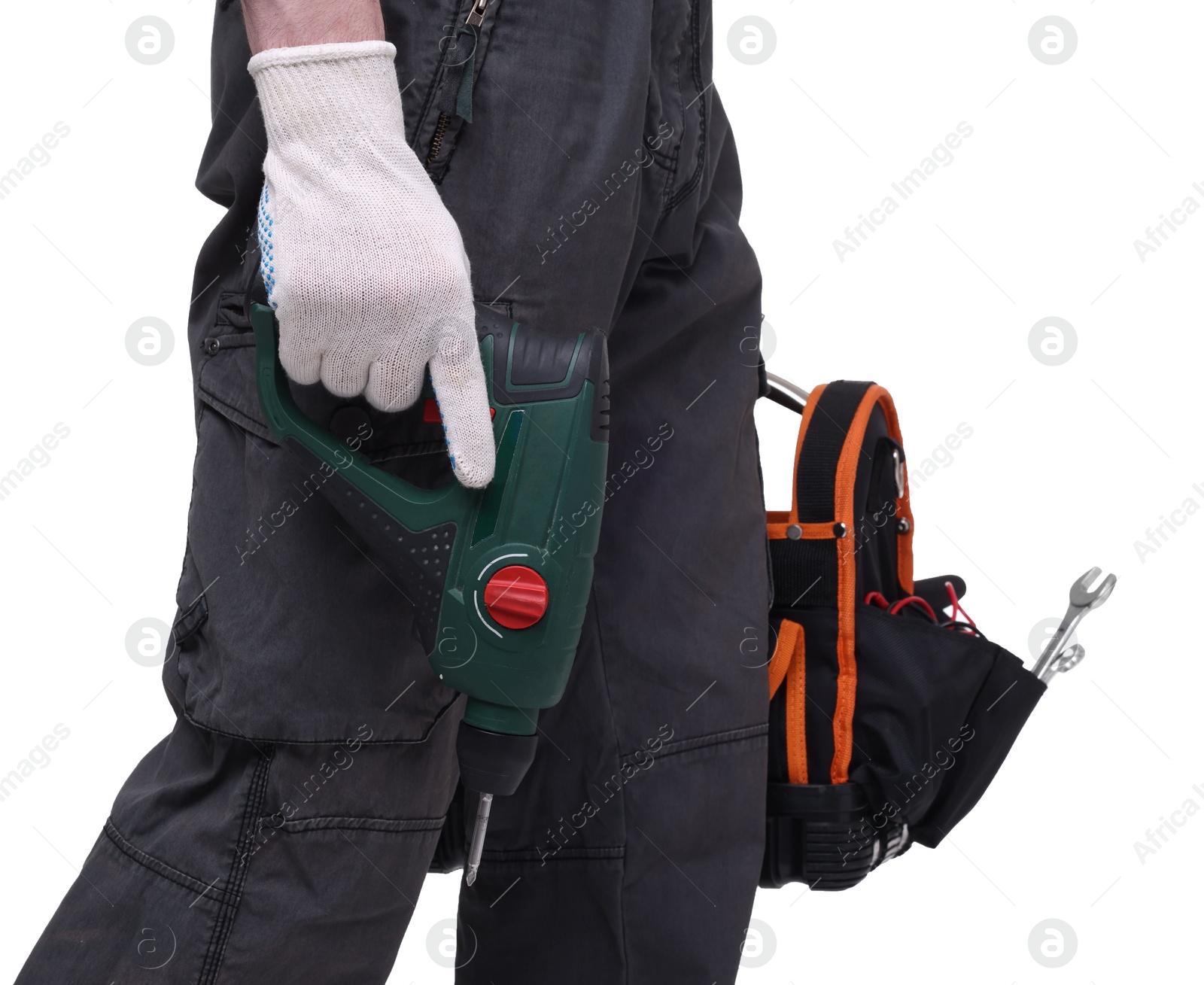 Photo of Professional repairman with tool box and electric screwdriver on white background