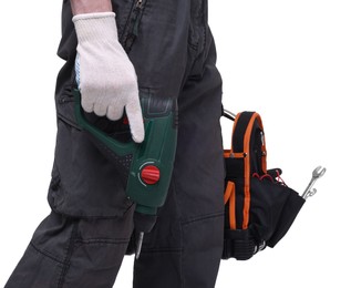 Photo of Professional repairman with tool box and electric screwdriver on white background