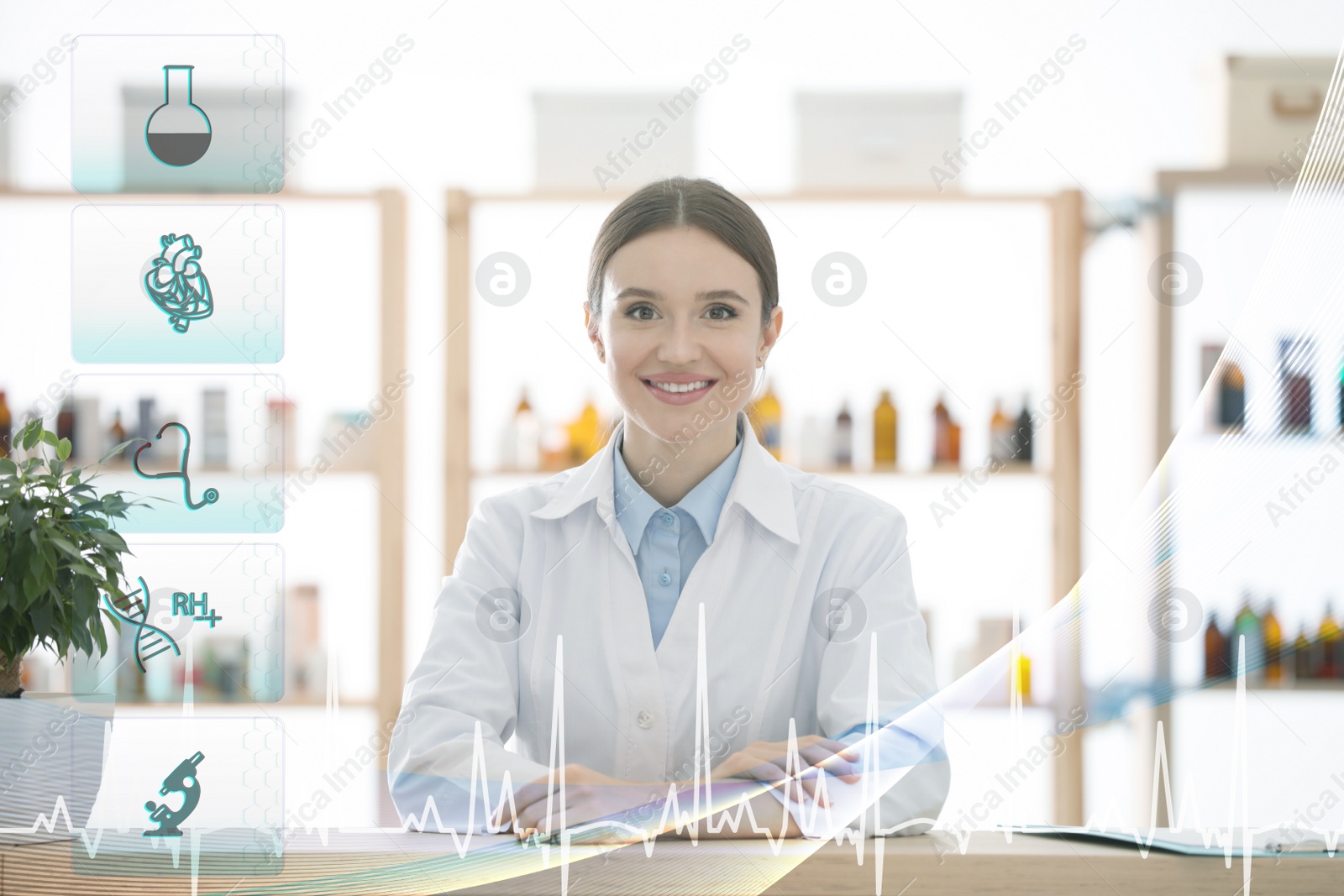 Image of Virtual icons and professional pharmacist in drugstore