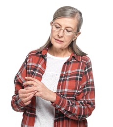 Photo of Arthritis symptoms. Woman suffering from pain in fingers on white background