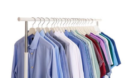 Photo of Men clothes hanging on wardrobe rack against white background