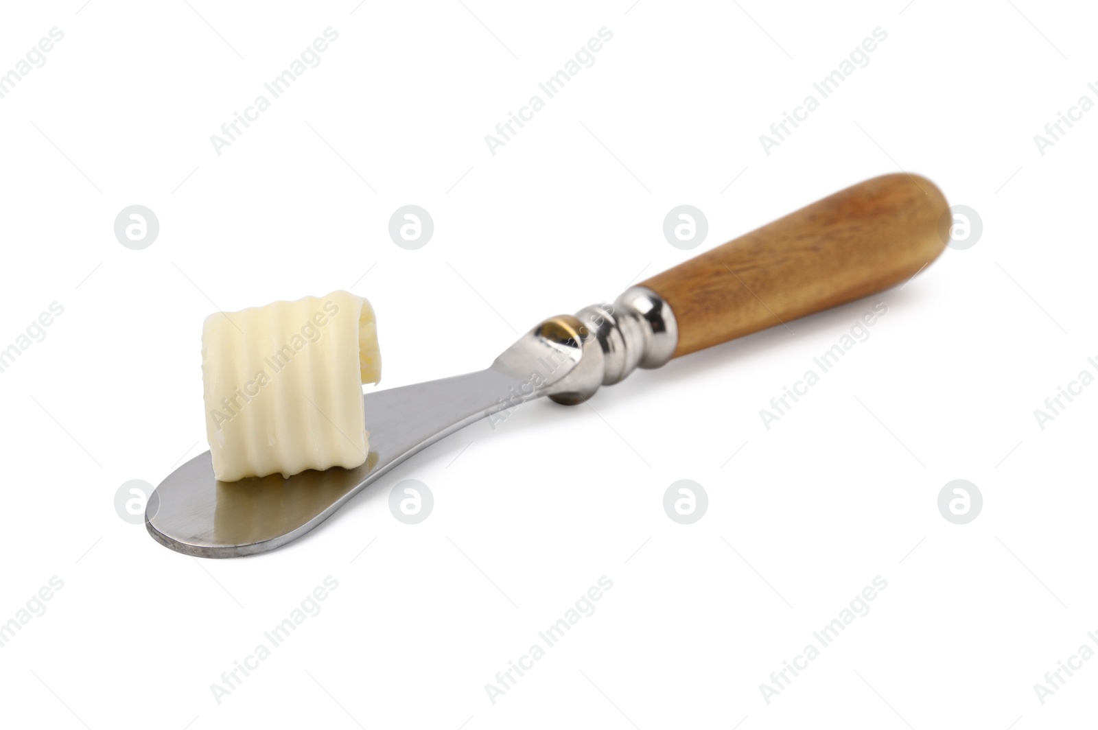 Photo of Butter curl on knife isolated on white