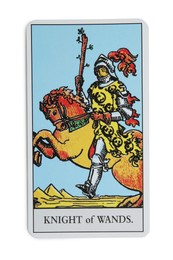 Photo of Knight of Wands isolated on white. Tarot card