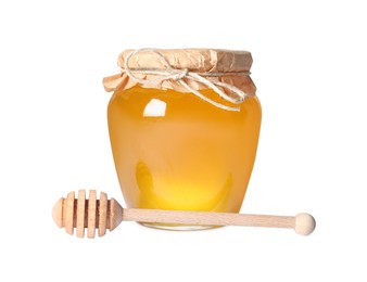 Photo of Tasty natural honey in glass jar and dipper isolated on white