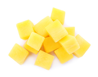 Tasty ripe mango cubes isolated on white, top view