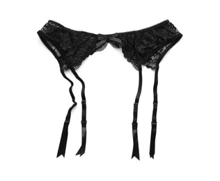 Photo of Black garter belt on white background, top view. Accessory for sexual roleplay