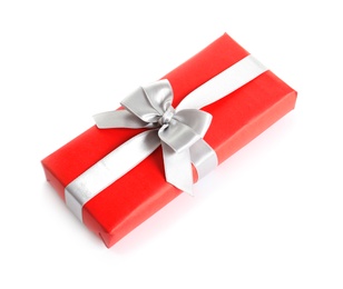 Photo of Beautifully wrapped gift box on white background