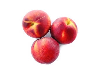 Photo of Sweet juicy peaches on white background, top view