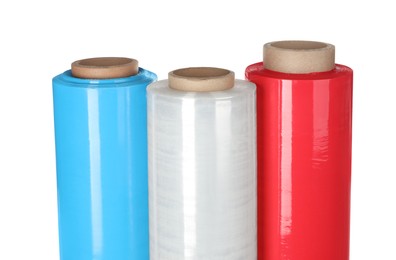 Photo of Different plastic stretch wrap films on white background