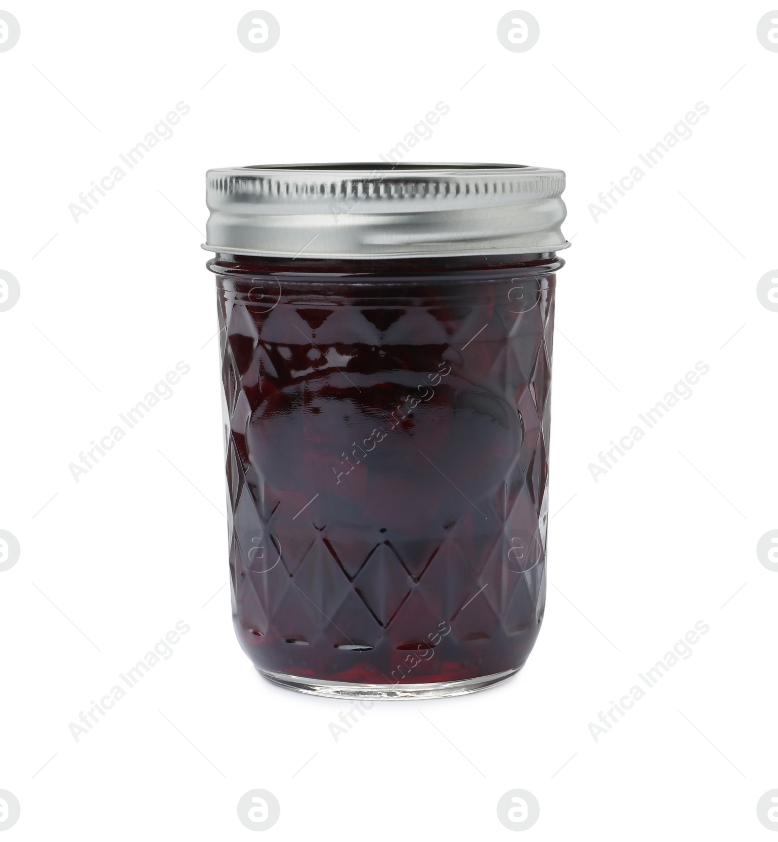 Photo of Pickled beets in jar isolated on white