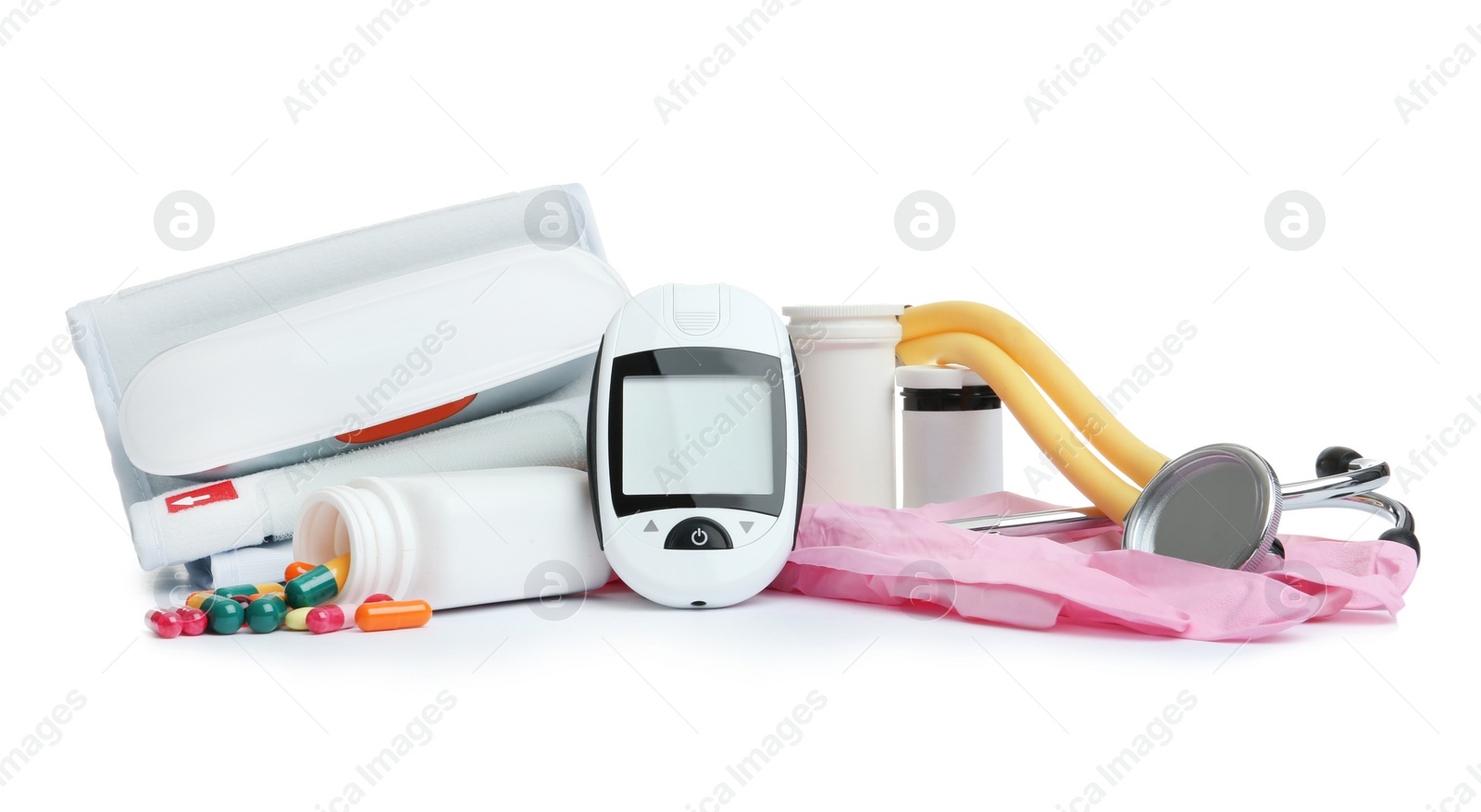 Photo of Different medical objects on white background. Health care