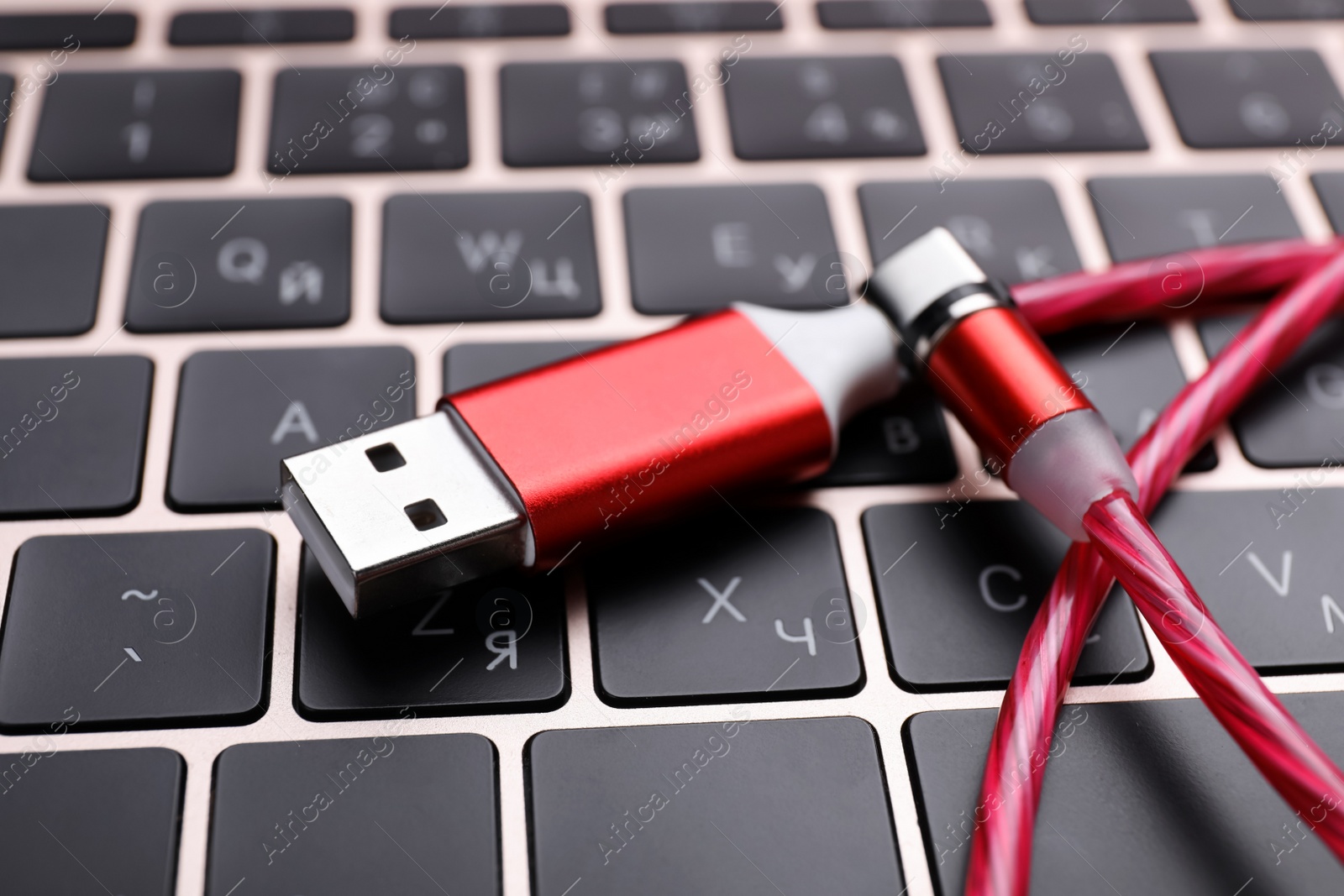 Photo of USB cable with type C connector on laptop keyboard, closeup