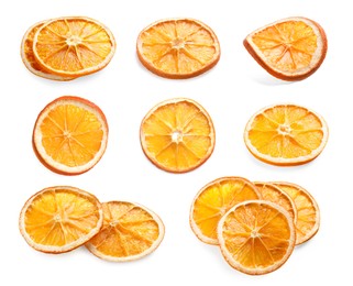 Image of Collage with dry orange slices on white background