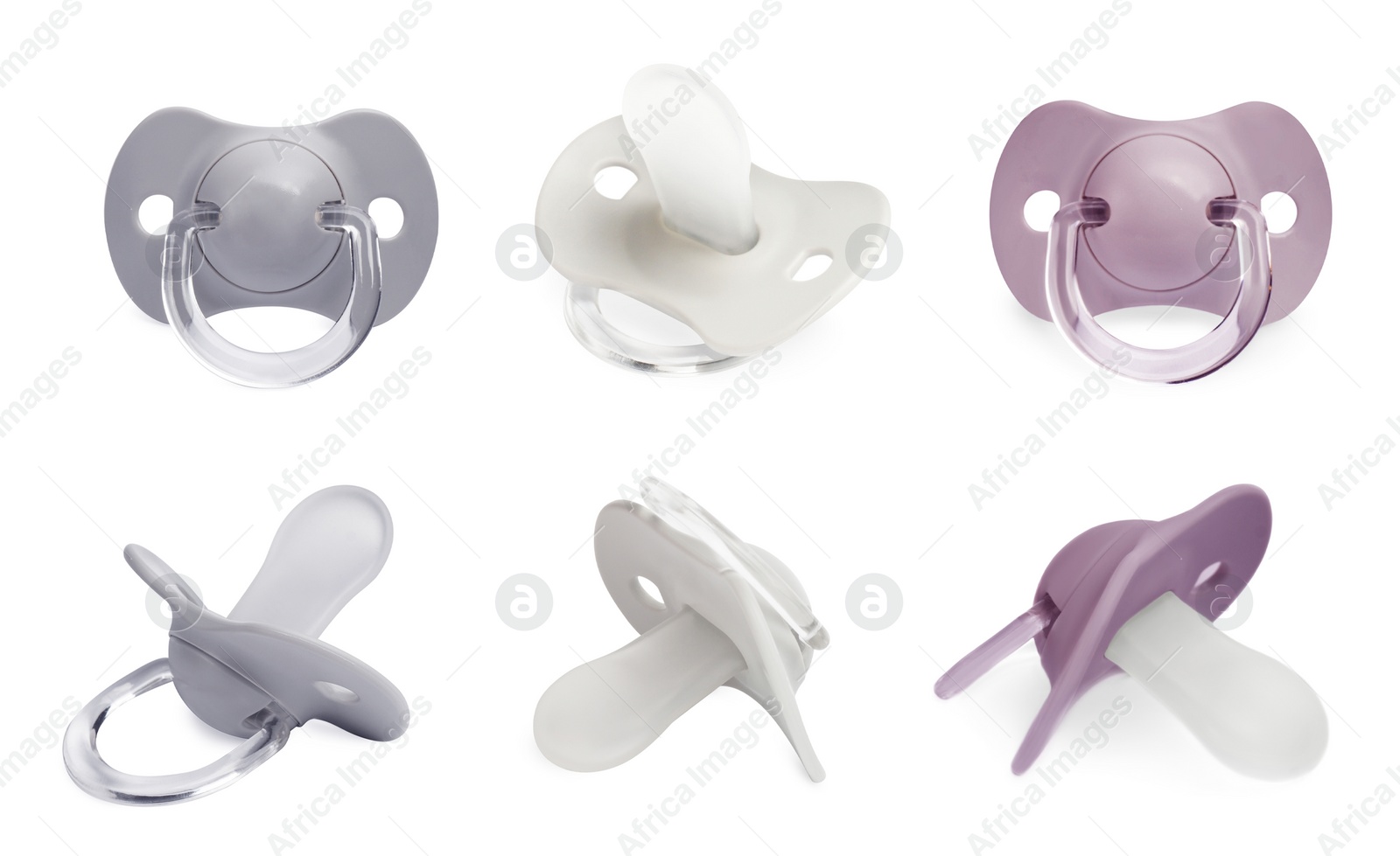 Image of Collage of baby pacifiers on white background, views from different sides