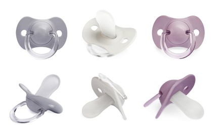 Image of Collage of baby pacifiers on white background, views from different sides