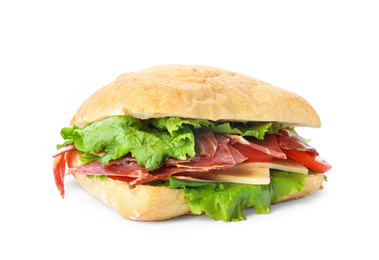 Delicious sandwich with fresh vegetables and prosciutto isolated on white