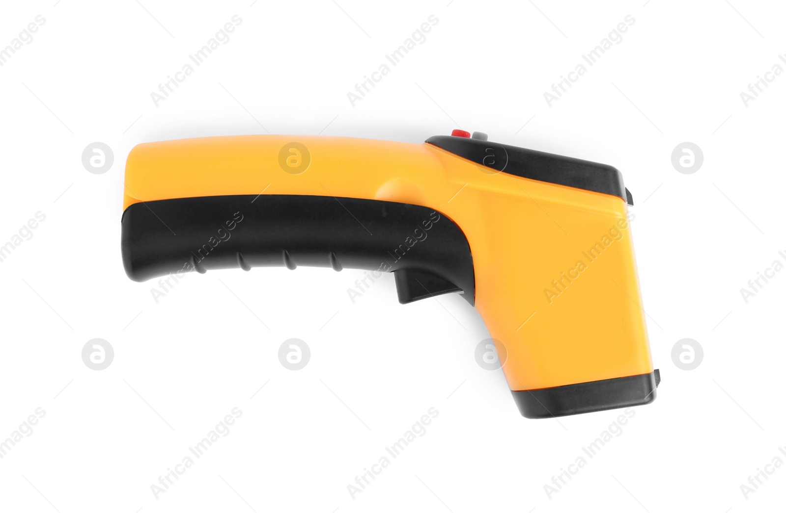 Photo of Modern non-contact infrared thermometer on white background, top view