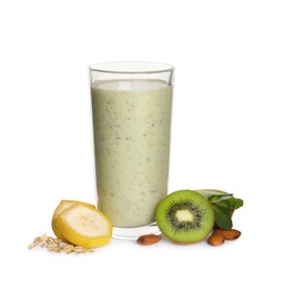 Photo of Glass of tasty oatmeal smoothie and fresh ingredients on white background
