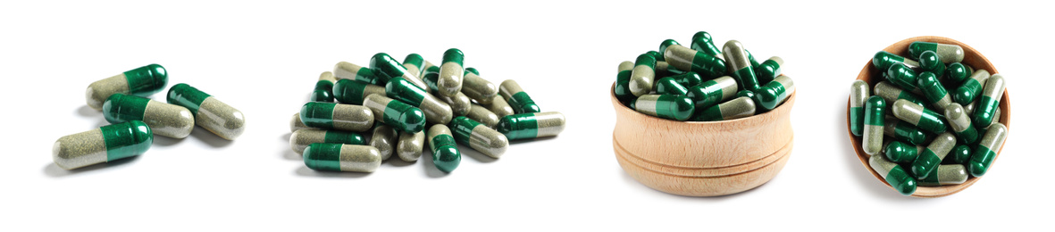 Image of Set of spirulina pills on white background. Banner design