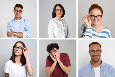 Image of Many people in glasses on light background, collection of photos