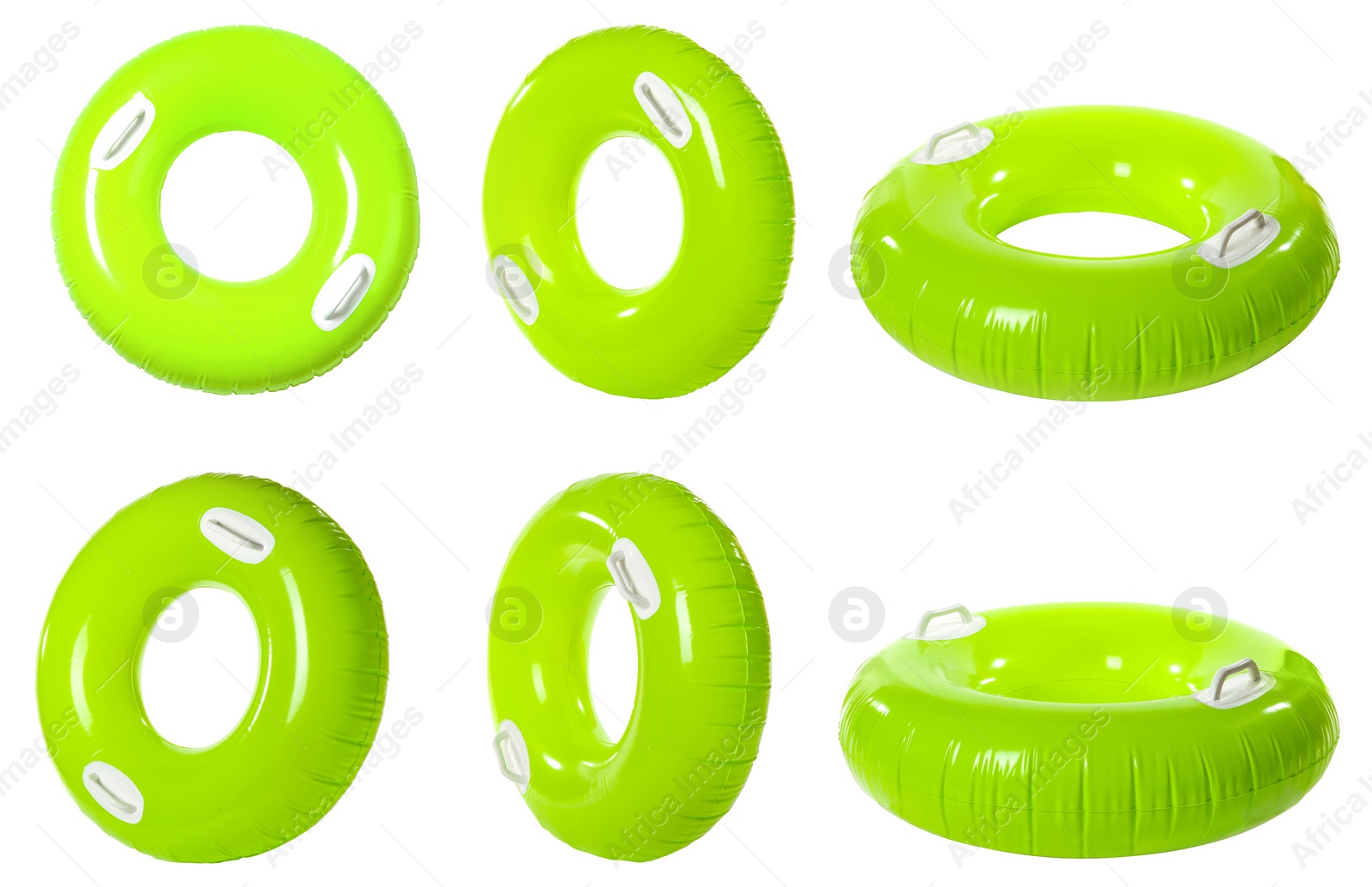 Image of Set with bright inflatable rings on white background