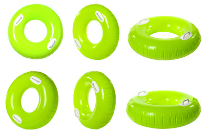 Set with bright inflatable rings on white background