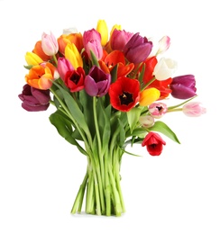 Beautiful bouquet of spring tulip flowers on white background