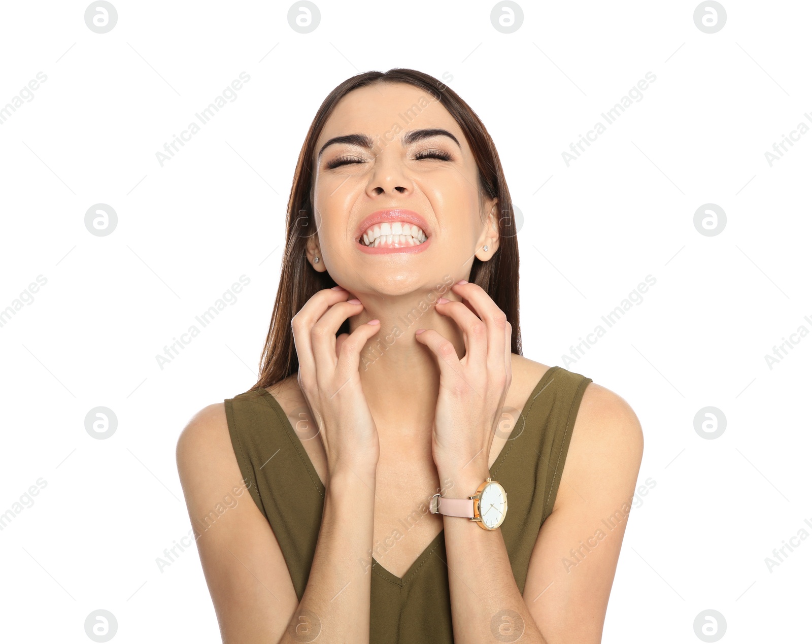 Photo of Young woman scratching neck on white background. Annoying itch