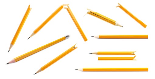 Image of Set with whole and broken pencils on white background
