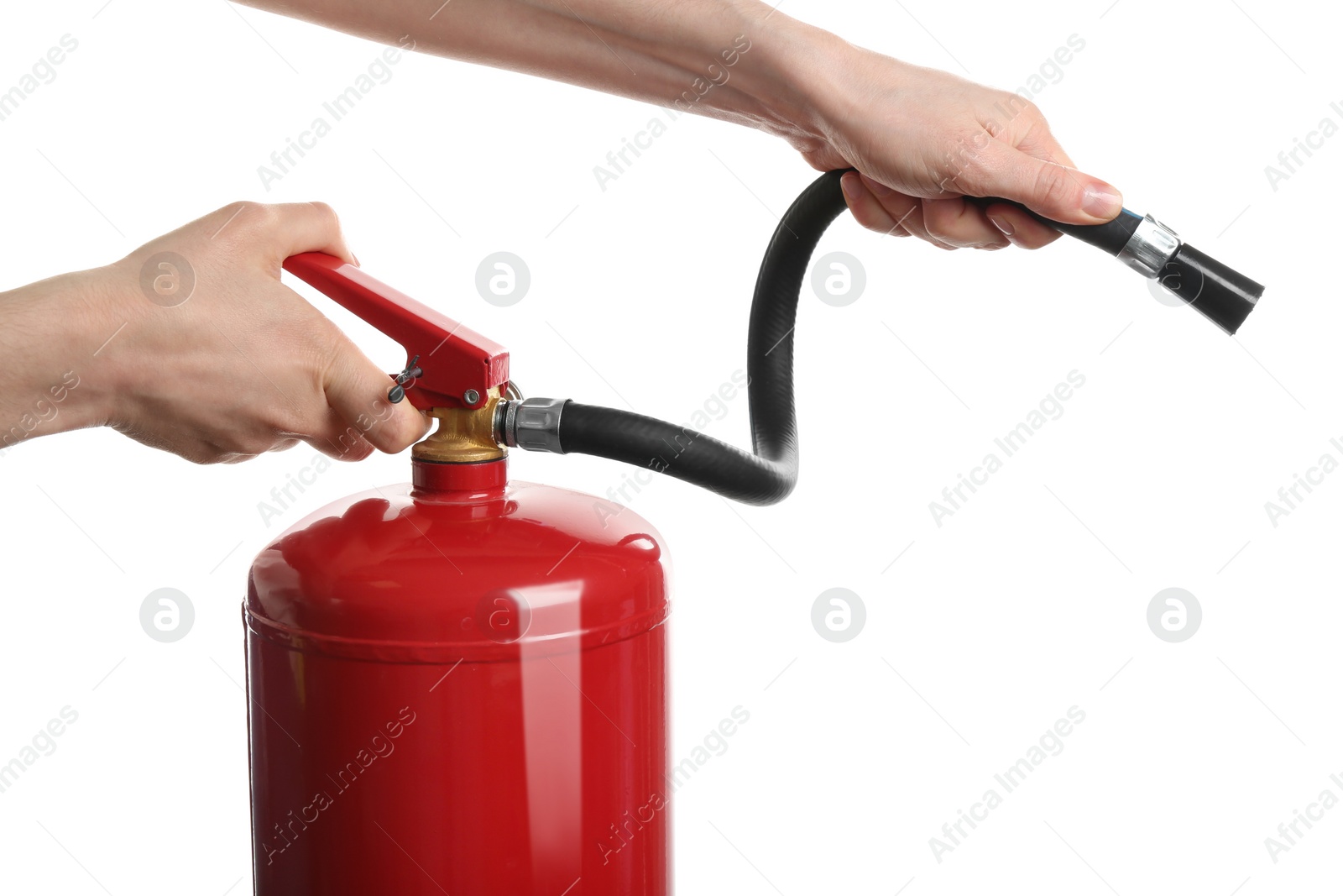 Photo of Woman using fire extinguisher on white background, closeup