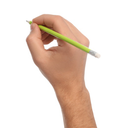 Photo of Man holding ordinary pencil on white background, closeup
