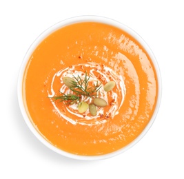Photo of Delicious pumpkin soup in bowl isolated on white, top view