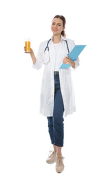 Nutritionist with glass of juice and clipboard on white background